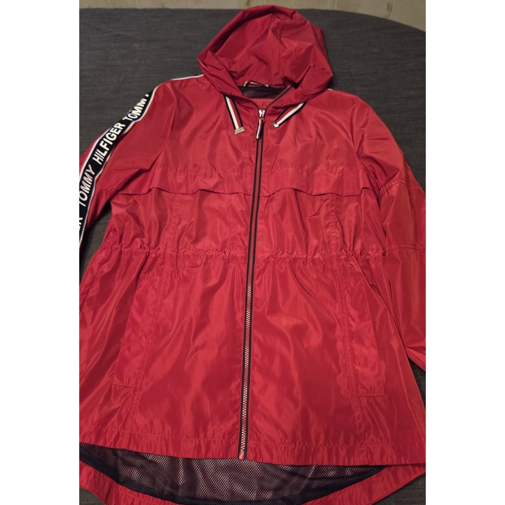 Tommy Hilfiger Windbreaker Men Medium Red Logo Tape Hooded Jacket